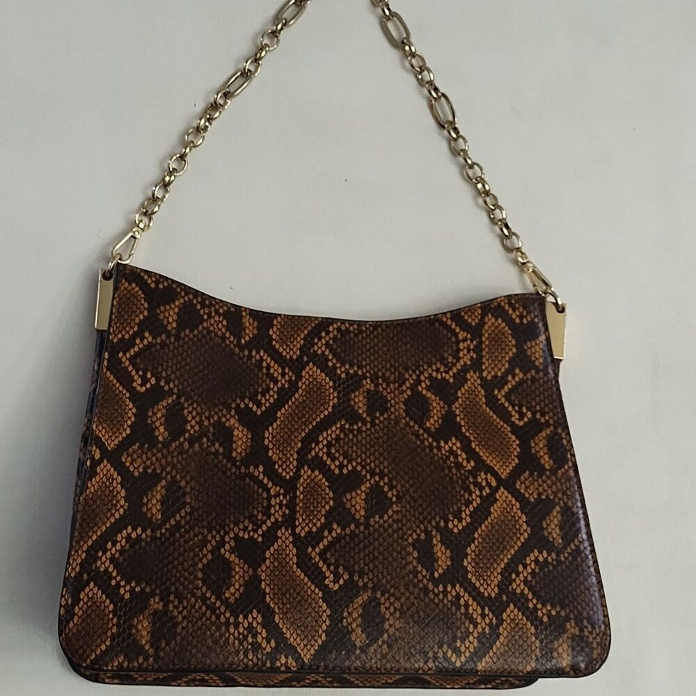 Alfani Brown Snake Print Shoulder Bag Chain Accent Gold Hardware